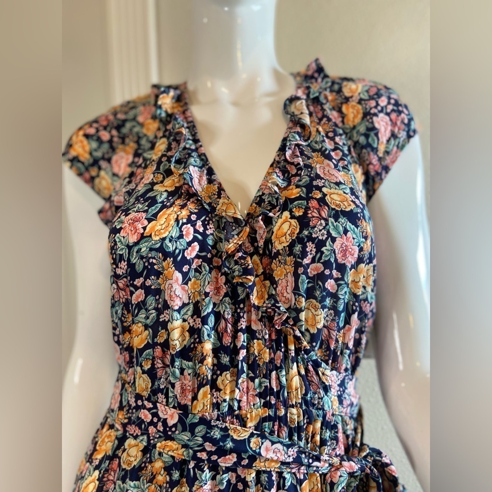 Old Navy~NWT~Multi-Color Floral Print~Ruffle Wrap Midi Dress~Cap Sleeves~Size S - Picture 4 of 15